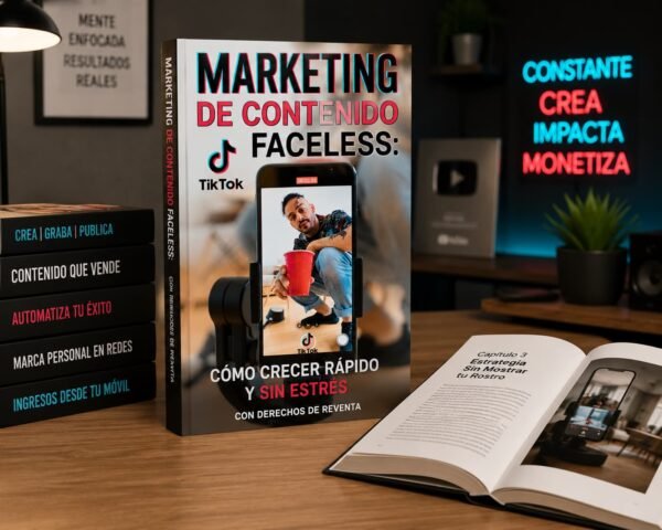 ChatGPT Image libro mockups marketing de contenido Guia: Marketing de Contenido Faceless con TikTok
